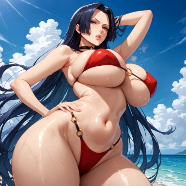 one piece, boa hancock, alex-schura, 1girls, arm behind head, armpits, bangs, bare shoulders, beach, bikini, black choker, black hair, blue eyes, blue sky, blush