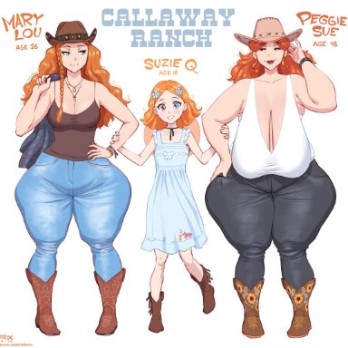 mary lou (fellatrix), peggie sue (fellatrix), suzie q (fellatrix), fellatrix, 3girls, age difference, big ass, big breasts, black jeans, blue jeans, child bearing hips, chubby, chubby female, cleavage, cowboy boots