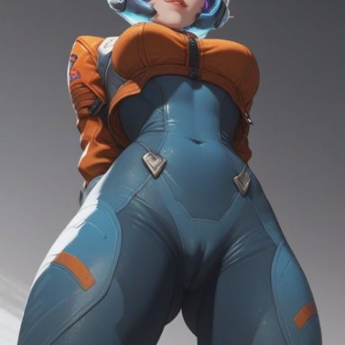 overwatch, overwatch 2, juno (overwatch), duchess eugene, arms behind back, bodysuit, cameltoe, helmet, jacket, purple hair, skin tight, space, space helmet, spacesuit, ai generated