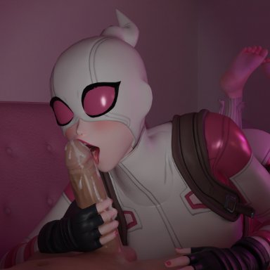 fortnite, fortnite: battle royale, marvel, marvel comics, gwen poole, gwenpool, moxx3d, 1girl1boy, blowjob, cum, cum on penis, feet, feet together, feet up, female