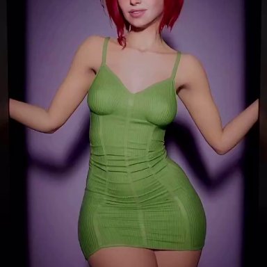 monna haddid, 1girls, ass, bouncing ass, breasts, dancing, dress, green dress, green eyes, large ass, light skin, light-skinned female, looking at viewer, medium breasts, red hair