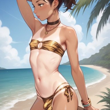 verybadboye, bikini, bikini bottom, bikini top, bracelet, bracelets, brown hair, bulge, bulge through clothing, choker, earring, earrings, femboy, feminine male, flaccid