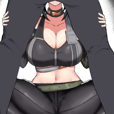 zenless zone zero, grace howard, wise (zenless zone zero), metameta gross, 1boy, belt, black choker, black footwear, black hair, black pants, black sports bra, breasts, choker, female, hands on another's thighs