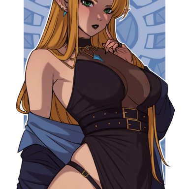 the legend of zelda, princess zelda, zelda (a link between worlds), inspyart, 1girls, armpits, bangs, black dress, black eyeshadow, black lipstick, blonde hair, blush, braid, choker, chubby thighs