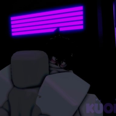 roblox, robloxian, kuonrr34, 1boy, 1girls, black hair, blush, face off position, fox ears, glasses, hair clips, hair tie, huge cock, muscles, nude