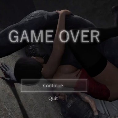 resident evil, resident evil 2 remake, ada wong, leon scott kennedy, mr x, hvlsfm, 1boy, 1girls, asian, breasts, cock, dark hair, defeated, french kiss, girl