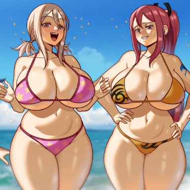 fairy tail, cana alberona, erza scarlet, juvia lockser, lisanna strauss, lucy heartfilia, mirajane strauss, jerkdibuja, 6+girls, 6girls, beach, big breasts, bikini, bikini bottom, bikini top