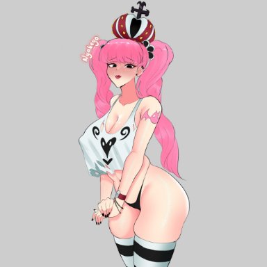 one piece, perona, guabeyo, nyabeyo, 1girls, ass, bangs, bare shoulders, big ass, big breasts, black eyes, black nails, blush, bracelet, breasts