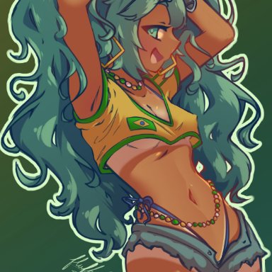 vocaloid, brazilian miku, hatsune miku, fluffyusagii, blue eyes, blue hair, brazil, brazilian, brazilian female, brazilian flag, crop top, dark-skinned female, denim, denim shorts, ear piercing