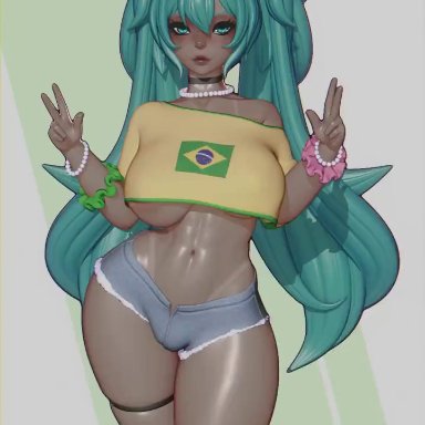 vocaloid, brazilian miku, hatsune miku, rushzilla, 1girls, ass, big ass, big breasts, big thighs, bottom heavy, brazilian, breasts, bubble butt, cyan eyes, cyan hair