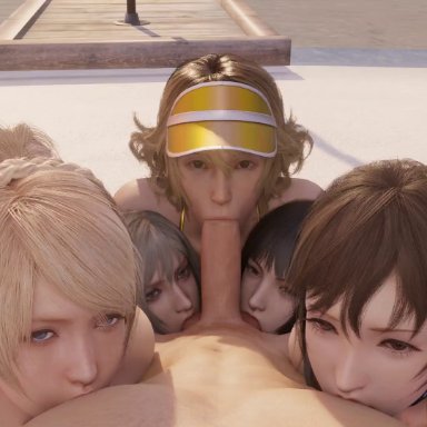 final fantasy, final fantasy xv, aranea highwind, cindy aurum, gentiana, iris amicitia, lunafreya nox fleuret, lazyprocrastinator, 1boy, 5girls, blonde hair, brown hair, fellatio, group sex, harem