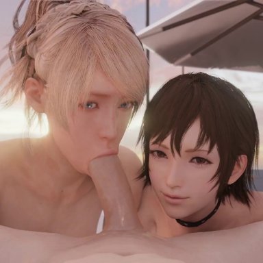 final fantasy, final fantasy xv, iris amicitia, lunafreya nox fleuret, lazyprocrastinator, 1boy, 2girls, beach, brown hair, collaborative fellatio, fellatio, ffm threesome, oral, outdoors, sex