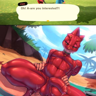 animal crossing, nintendo, patreon, flick (animal crossing), zackary911, &lt;3 eyes, abs, anal, anal sex, anthro, anthro penetrated, balls, beach, bodily fluids, chameleon