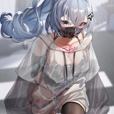 honkai (series), honkai: star rail, silver wolf (honkai: star rail), ginklaga, ball gag, bondage, bondage outfit, bound, bound arms, breasts, chest tattoo, corset, female, gag, gagged