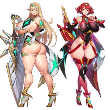 xenoblade (series), xenoblade chronicles 2, mythra, pyra, gurimjang, alternate breast size, armwear, ass, big ass, big breasts, bimbo, bimbofied, blonde hair, blush, breasts