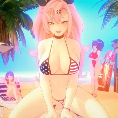 zenless zone zero, ellen joe, nicole demara, zhu yuan, giddora, 1boy, 3girls, beach, big ass, big breasts, bikini, black hair, cowgirl position, large breasts, pink hair