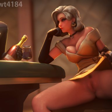 blizzard entertainment, overwatch, angela ziegler, mercy, rwt4184, 1boy, 1boy1girl, 1girls, armwear, bottle, breasts, dress, exposed pussy, fancy clothing, female