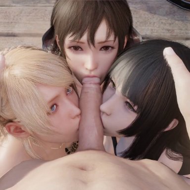 final fantasy, final fantasy xv, gentiana, iris amicitia, lunafreya nox fleuret, lazyprocrastinator, 1boy, 3girls, black hair, blonde hair, brown hair, collaborative fellatio, erection, fellatio, fffm foursome