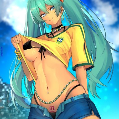 vocaloid, brazilian miku, hatsune miku, killzdck, 1girls, bikini, black bikini, blue eyes, blue hair, bra, brazilian, brazilian female, choker, clothes lift, clothing