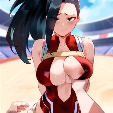 boku no hero academia, my hero academia, momo yaoyorozu, tittyg-ai, 1boy, 1girls, arms behind back, breast grab, grabbing another's breast, large breasts, leotard, nipple slip, pov, public, revealing clothes