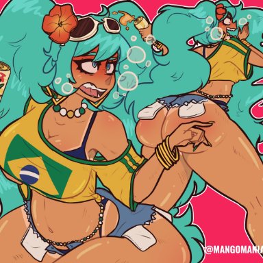 vocaloid, brazilian miku, hatsune miku, mangomaniacz, alcohol, angry, ass, beads, big ass, big breasts, big butt, big thighs, blue eyes, blue hair, bra