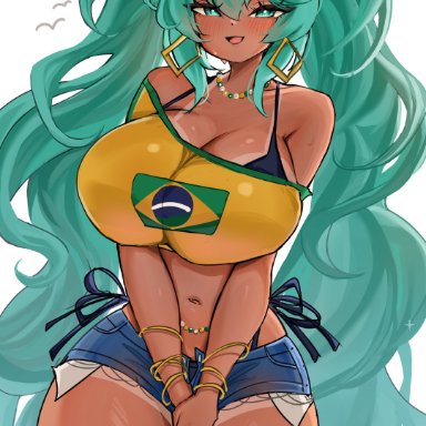 vocaloid, brazilian miku, hatsune miku, artist request, 1girls, ass, big ass, big breasts, big thighs, bikini, blush, breasts, cyan eyes, cyan hair, female