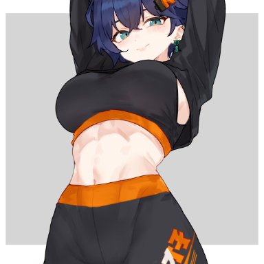 zenless zone zero, belle (zenless zone zero), bluefield, 1girls, black hair, breasts, female, large breasts, light skin, light-skinned female, midriff, naughty face, short hair, sports bra, sportswear