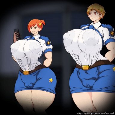 hataraki ari, 2girls, big breasts, breast expansion, breasts, cop, female, female focus, female only, gigantic breasts, huge breasts, large breasts, massive breasts, multiple girls, police