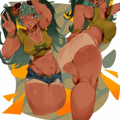 vocaloid, brazilian miku, hatsune miku, ryota ravioli, 1girls, ass, belly, belly button, big ass, big breasts, big thighs, bikini, bottomless, brazilian, brazilian female