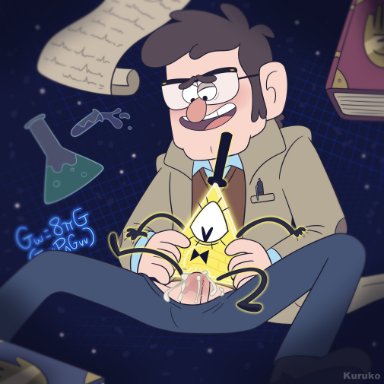 disney, gravity falls, bill cipher, stanford pines, kuruko, 1 eye, 3 fingers, 6 fingers, andromorph, andromorph/male, animate inanimate, bent legs, big dom small sub, big ears, big nose