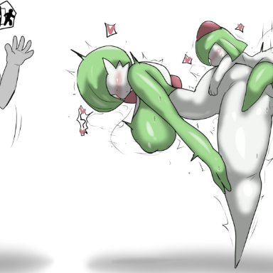 game freak, nintendo, pokemon, anon, gardevoir, kirlia, male kirlia, pokemon (species), enigi09, 1boy, 1girls, 2boys, anus, arms under breasts, ass