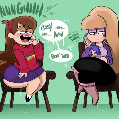 disney channel, gravity falls, mabel pines, pacifica northwest, ota (artist), 2girls, armchair, ass, ass focus, blonde hair, bodily fluids, braces, brown hair, chair, clothed