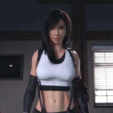 final fantasy, final fantasy vii, tifa lockhart, lvl3toaster, pixiewillow, volkor, 1girls, black miniskirt, black pubic hair, black sleeves, black stockings, blue panties, boots, brown pubic hair, crop top