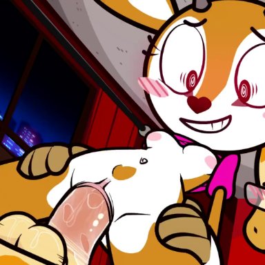 aggressive retsuko, aggretsuko, sanrio, tsunoda, tsunoda (aggretsuko), canaryprimary, anthro on anthro, anthro penetrated, belly bulge, blush, bouncing breasts, deer, furry, pussy juice, reverse cowgirl position