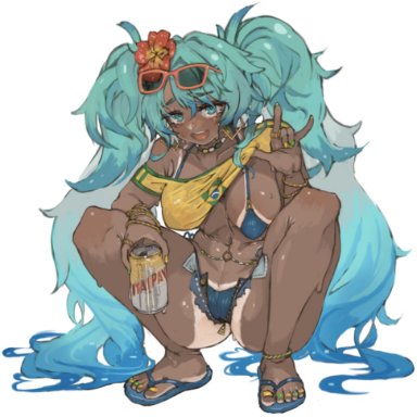 vocaloid, brazilian miku, hatsune miku, rustycork, 1girls, ass, beer, beer can, big ass, big breasts, big thighs, bikini, breasts, cyan eyes, cyan hair