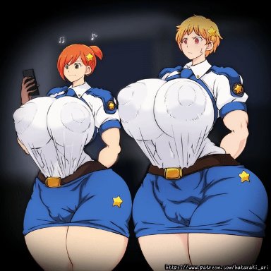 hataraki ari, 2girls, big breasts, breast expansion, breasts, cop, female, female focus, female only, huge breasts, large breasts, massive breasts, multiple girls, police, police officer