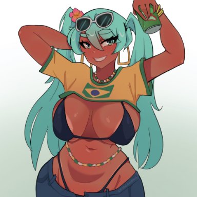 vocaloid, brazilian miku, hatsune miku, erogegaming(twitter), 1girls, ass, big ass, big breasts, big thighs, bikini, blush, blush lines, blushing, blushing at viewer, breasts