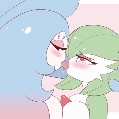 nintendo, pokemon, pokemon swsh, gardevoir, hatterene, pokemon (species), zelc-face, 2girls, big breasts, blush, bodily fluids, breasts, breasts pressed against another, breasts pressed together, breasts squish