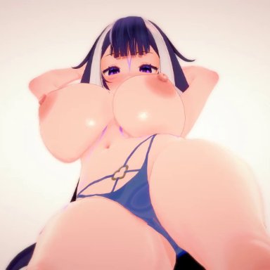 shylily, the big trash, bikini bottom, blue hair, dancing, huge breasts, orca, orcat, purple eyes, topless, 3d, 3d animation, animated, no sound, tagme