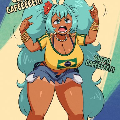 brazilian miku, hatsune miku, joaoppereiraus, 1girls, angry, angry face, bangs, bent over, big breasts, bikini bottom, blush, blushing, bra, bracelet, bracelets