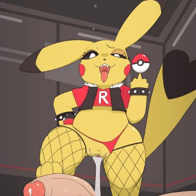 nintendo, pokemon, generation 1 pokemon, pikachu, pokemon (species), dengon, after sex, anthro, ass, balls, belly, big butt, bodily fluids, clothed, clothed feral