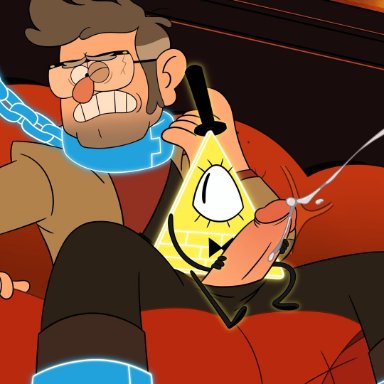 disney, gravity falls, bill cipher, stanford pines, kuruko, chains, cumming, male, male only, male/male, sitting on lap