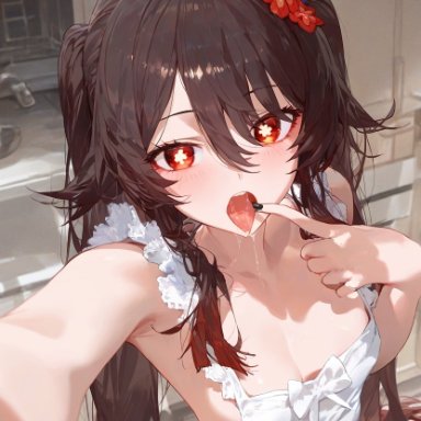 genshin impact, hu tao (genshin impact), meyro, apron, bangs, bare shoulders, blush, breasts, brown hair, collarbone, female, flower, foreshortening, hair between eyes, hair ornament