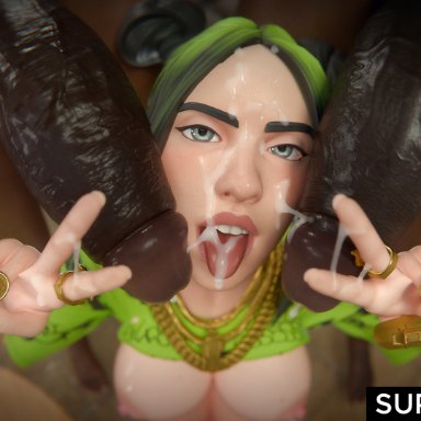 fortnite, fortnite: battle royale, original, billie eilish, billie eilish (fortnite), supernovax, 1girls, 2boys, big penis, cum, cum on face, dark skin, dark-skinned male, exposed breasts, female