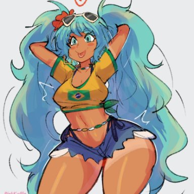 vocaloid, brazilian miku, hatsune miku, pinkkoffin, 1girls, ass, big ass, big breasts, big thighs, breasts, cyan eyes, cyan hair, dark skin, dark-skinned female, female