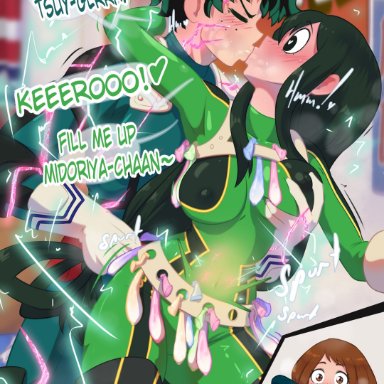 my hero academia, izuku midoriya, ochako uraraka, tsuyu asui, hornygraphite, 1boy, 2girls, black eyes, blush, bodysuit, breast grab, brown eyes, closed eyes, condom, condom belt