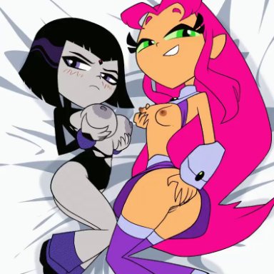 dc, dc comics, teen titans, teen titans go, raven (dc), starfire, coolerinker, ass, breasts, breasts out, female, hair, looking at viewer, nipples, ripped clothing