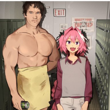 fate (series), fate/grand order, monster energy, monster energy drink, arnold schwarzenegger, astolfo (fate), khyleri, 2boys, blue eyes, brown hair, bulge, clothing, comedic, emoji, femboy