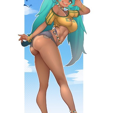 vocaloid, brazilian miku, hatsune miku, nigamiart, 1girls, ass, ass focus, bare shoulders, big ass, big breasts, big thighs, blue eyes, blue hair, bracelet, breasts