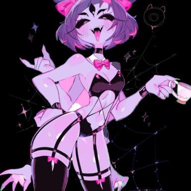 undertale, muffet, usa37107692, 1girls, 5 eyes, blush, blushing, bow, bows, bowtie, breasts, bunny ears, choker, fangs, female